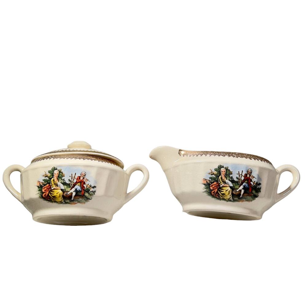 Cronin China Creamer or Gravy Boat & Lidded Sugar Bowl Minerva OH CO12 Gold Whit